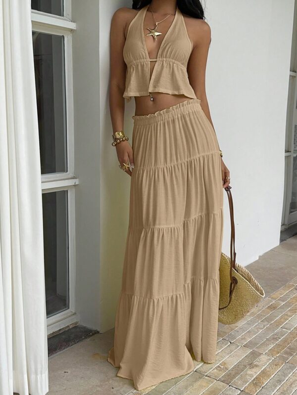 Linen Halter Camisole And Low Waist Maxi Skirt Set
