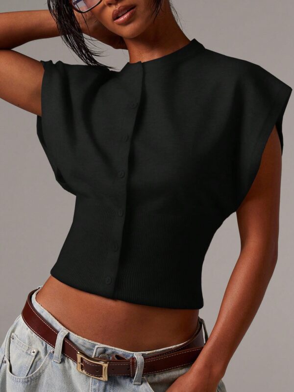 Casual Minimalist Button-Front Batwing Sleeve Knit Sweater Vest