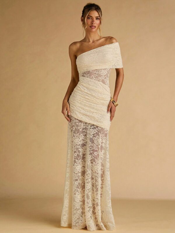 Floral Lace Ruffle Asymmetric Hem Elegant Dress