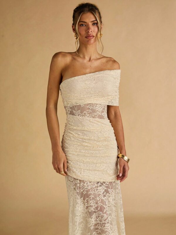 Floral Lace Ruffle Asymmetric Hem Elegant Dress