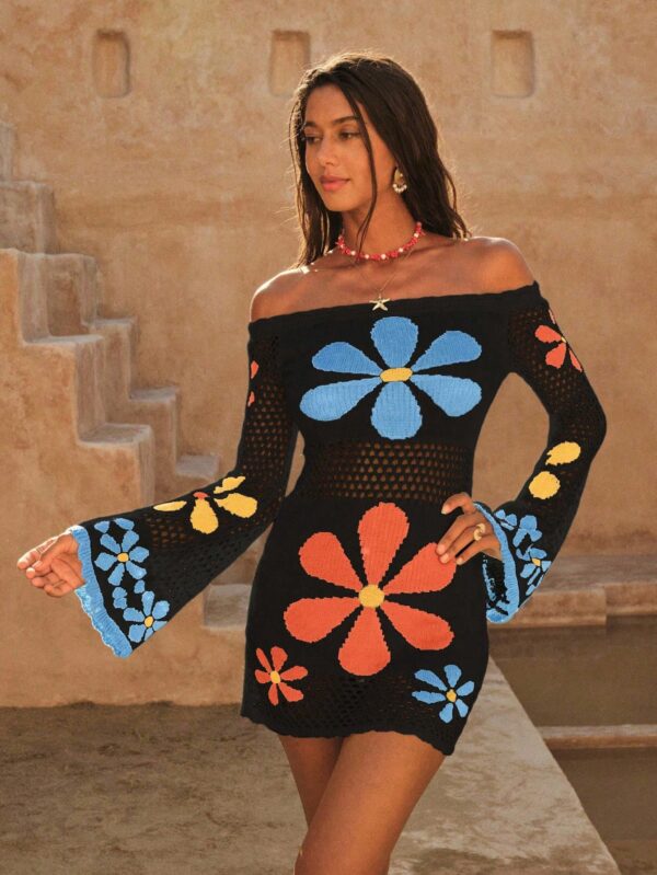 Flower Decor Off Shoulder Loose Beach Cover Up Dress