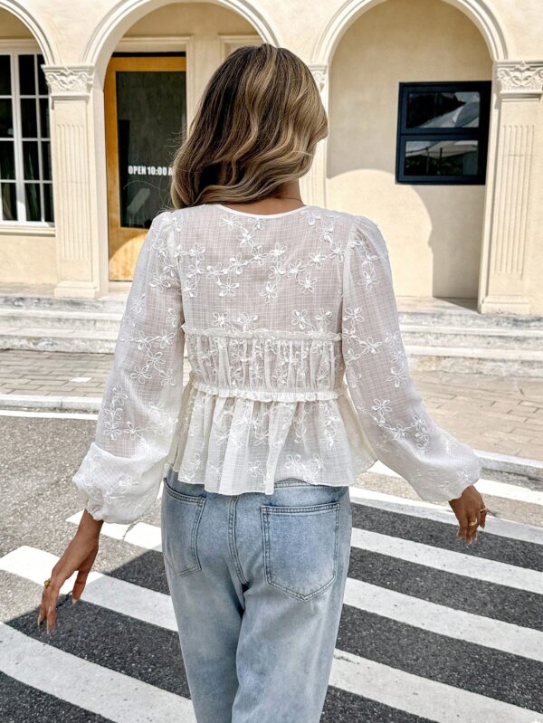 Floral Embroidered Tie Front Ruffle Hem Chic Top
