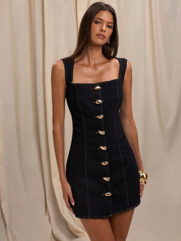 Sleeveless Front Button Waist Denim Mini Dress
