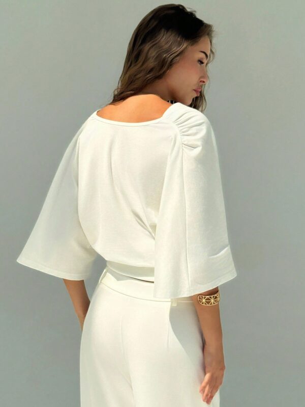 V-Neck Dropped Shoulder Ruched Waist Top
