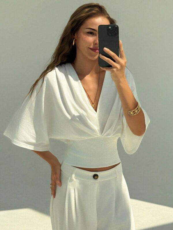V-Neck Dropped Shoulder Ruched Waist Top