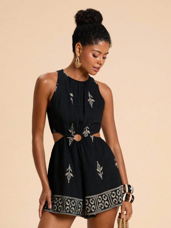 Cutout Waist Sleeveless Romper
