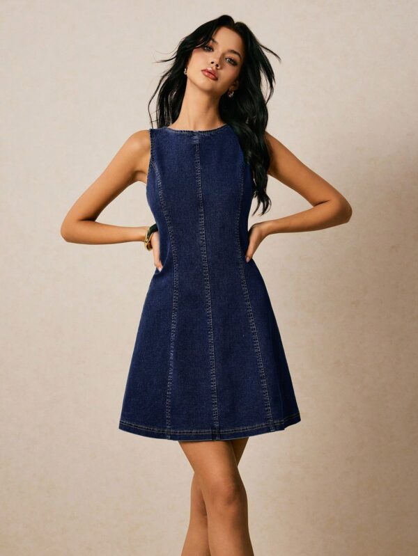Round Neck Sleeveless Backless Lace-Up Denim Dress