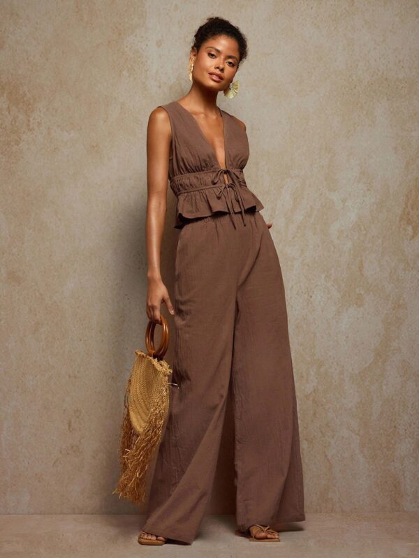V-Neck Shirt And Wide Leg Pants Set
