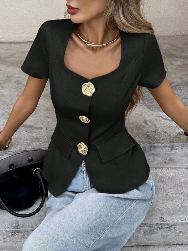Collar Metal Flower Short Sleeve Elegant Blouse