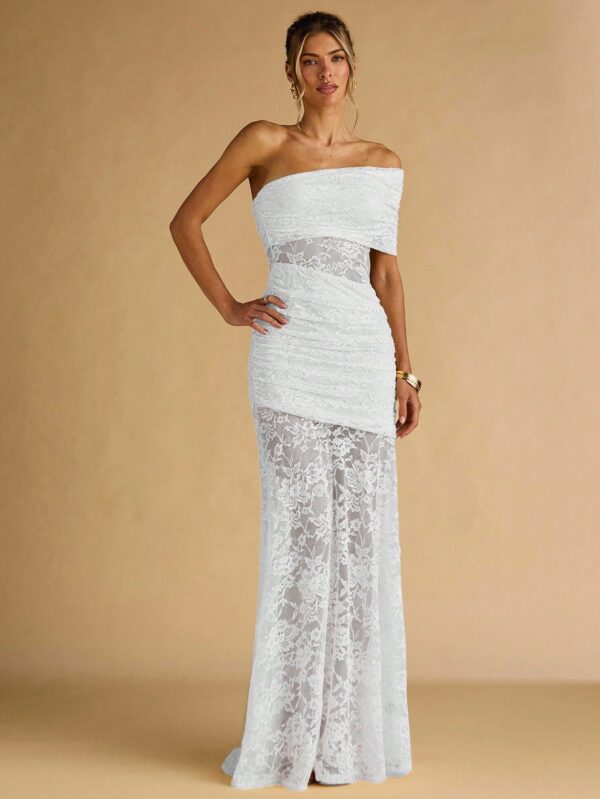 Floral Lace Ruffle Asymmetric Hem Elegant Dress