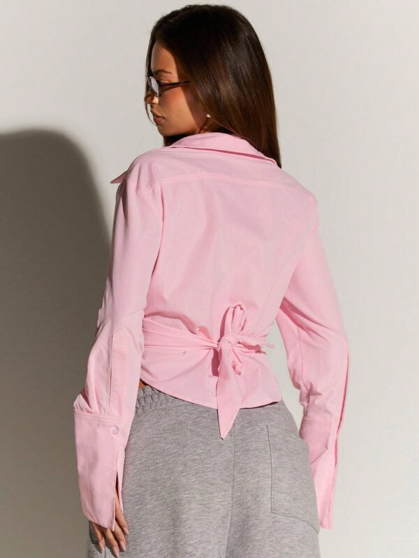 Solid Color Criss-Cross Wrap Ruched Long Sleeve Casual Top