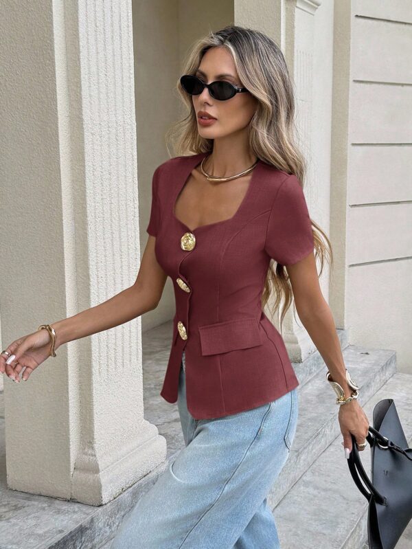 Collar Metal Flower Short Sleeve Elegant Blouse