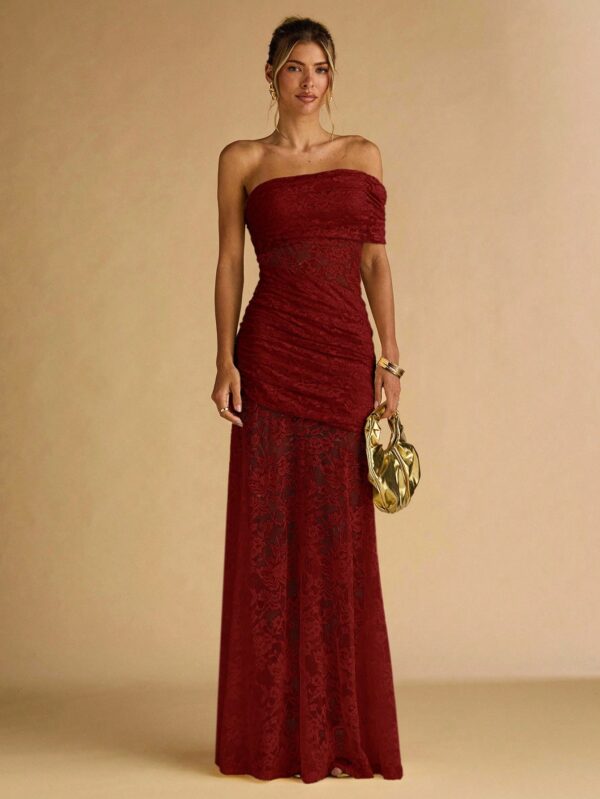 Floral Lace Ruffle Asymmetric Hem Elegant Dress