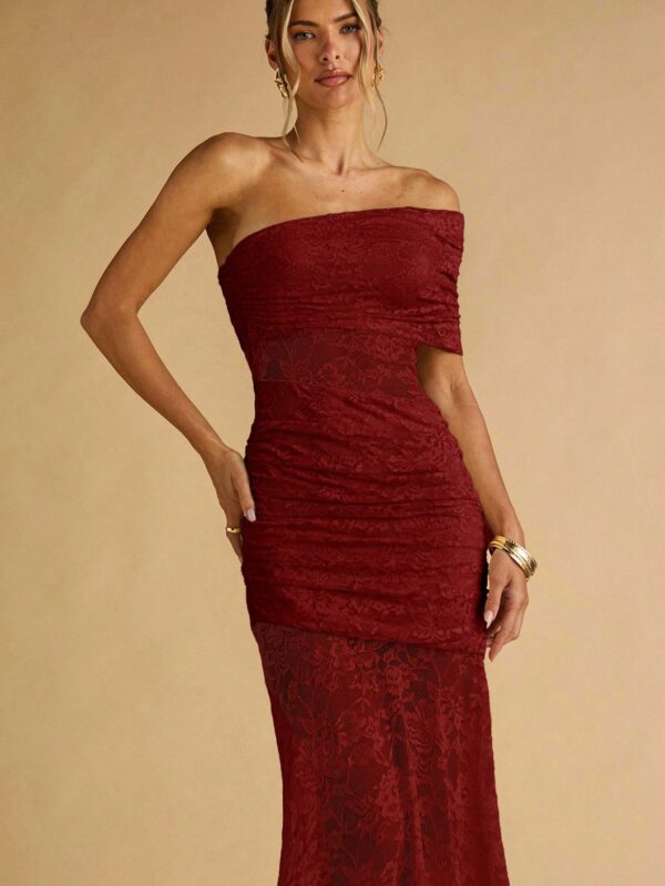 Floral Lace Ruffle Asymmetric Hem Elegant Dress