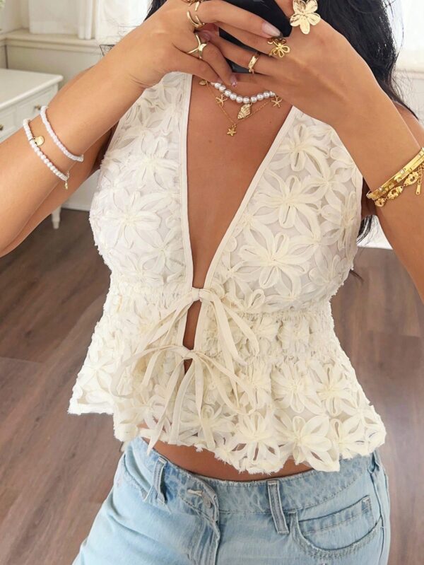Jacquard Deep V-Neck Tie-Waist Ruffle Hem Top