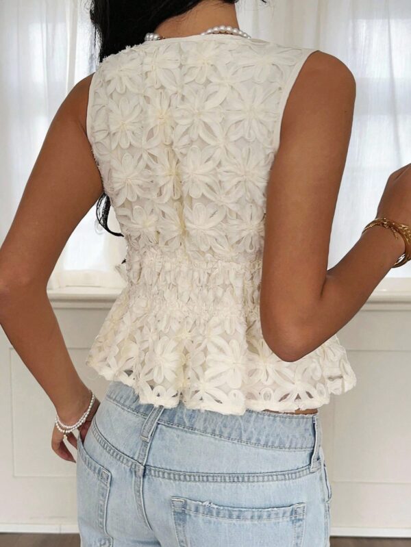Jacquard Deep V-Neck Tie-Waist Ruffle Hem Top