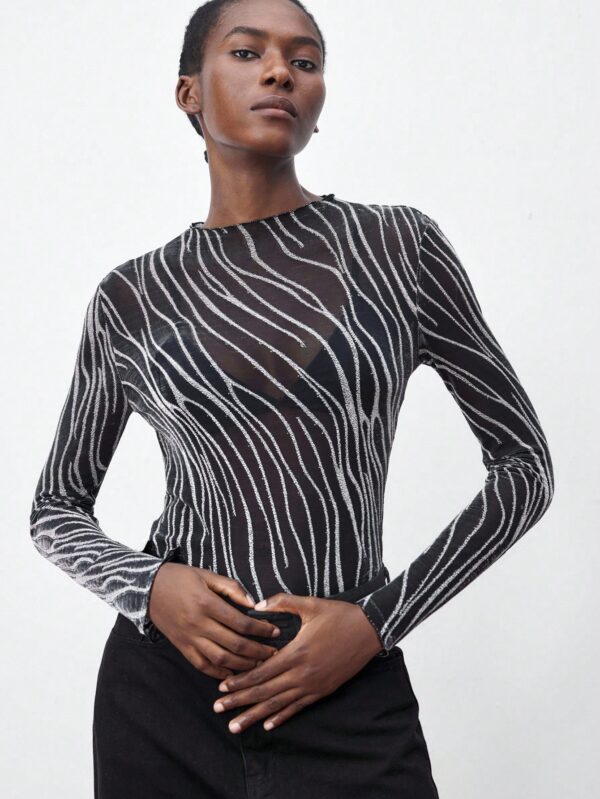 Zebra Mesh Round Neck Bodysuit