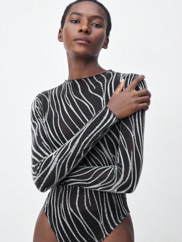 Zebra Mesh Round Neck Bodysuit