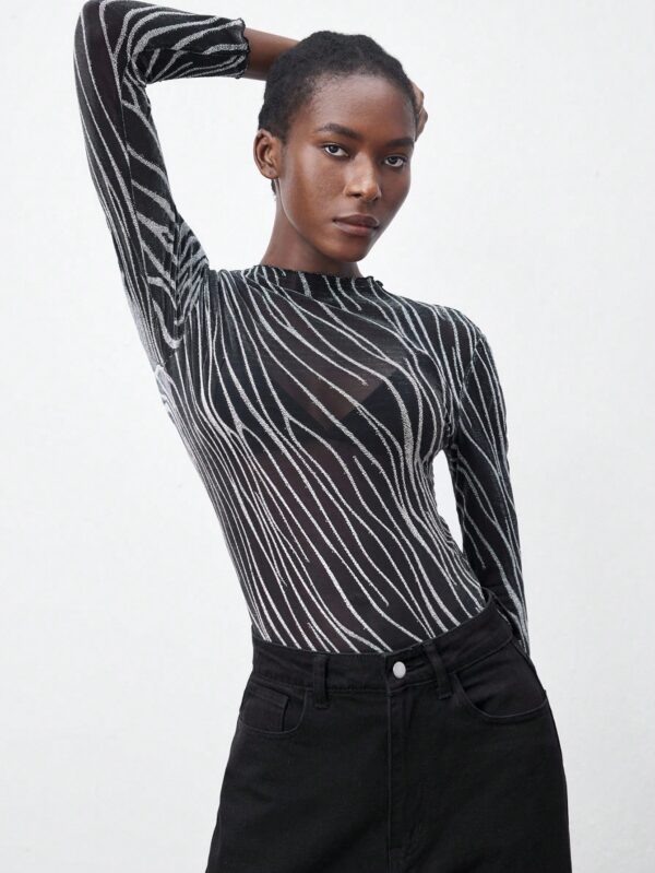 Zebra Mesh Round Neck Bodysuit