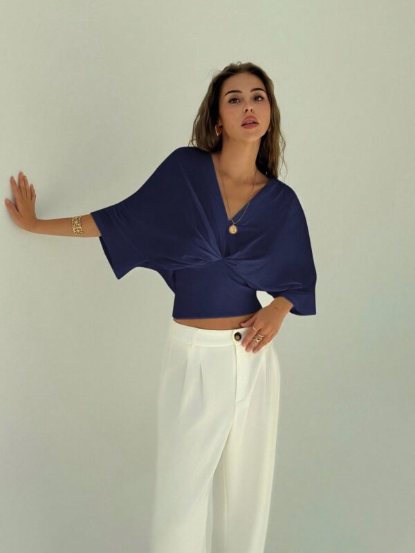 V-Neck Dropped Shoulder Ruched Waist Top