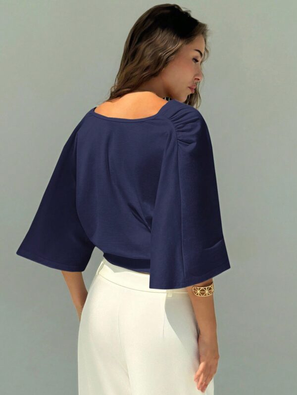 V-Neck Dropped Shoulder Ruched Waist Top