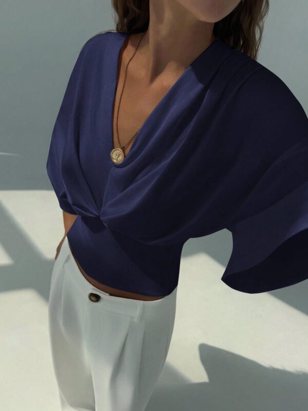 V-Neck Dropped Shoulder Ruched Waist Top