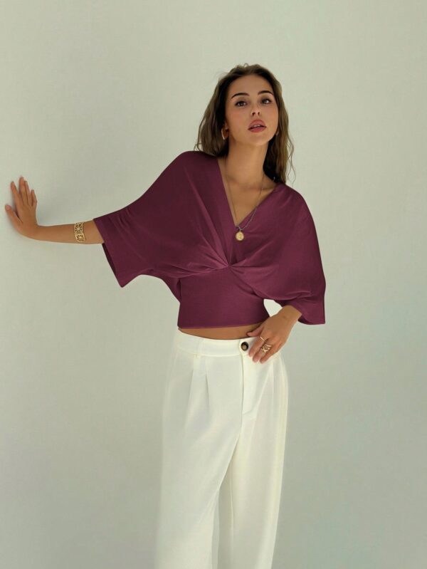 V-Neck Dropped Shoulder Ruched Waist Top