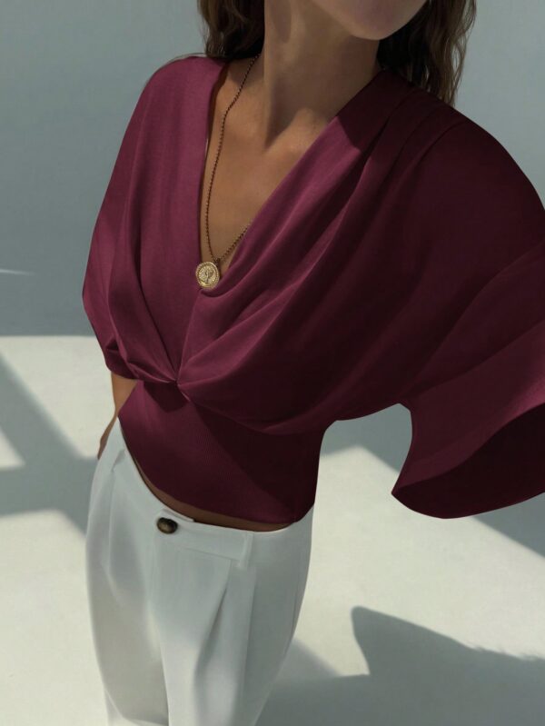 V-Neck Dropped Shoulder Ruched Waist Top