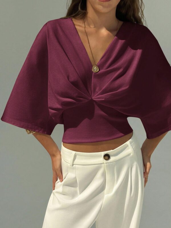 V-Neck Dropped Shoulder Ruched Waist Top