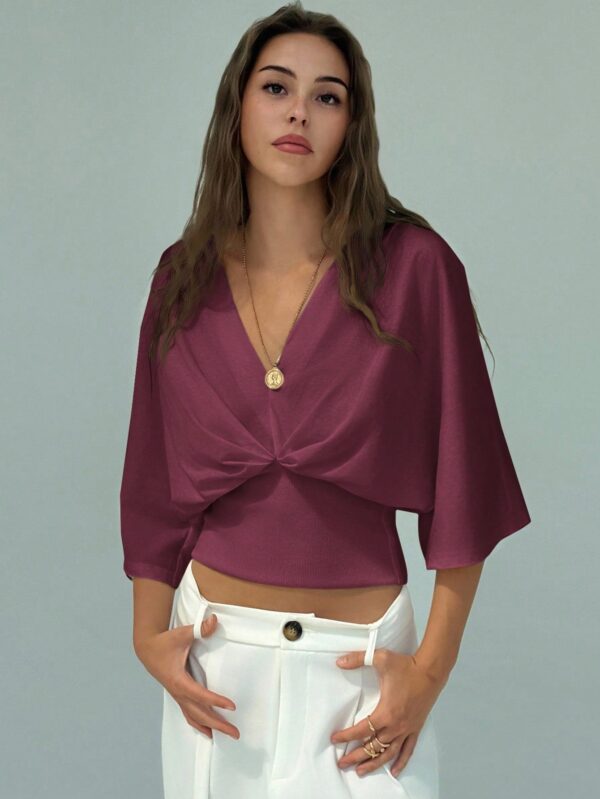 V-Neck Dropped Shoulder Ruched Waist Top