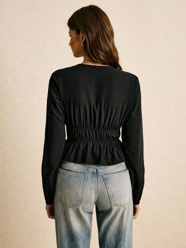 V-Neck Solid Color Bow Decor Long Sleeve Top