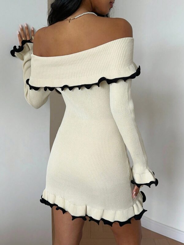 Fitted Ruffle Hem Long Flared Sleeve Knit Sweater Dress