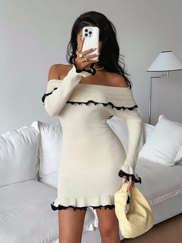 Fitted Ruffle Hem Long Flared Sleeve Knit Sweater Dress