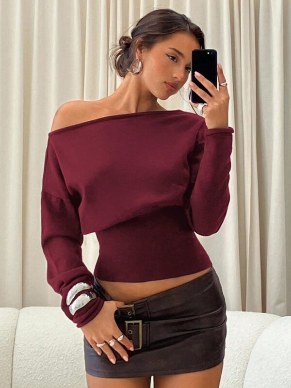 Asymmetrical Shoulder Ribbed Tight Fit Sweater