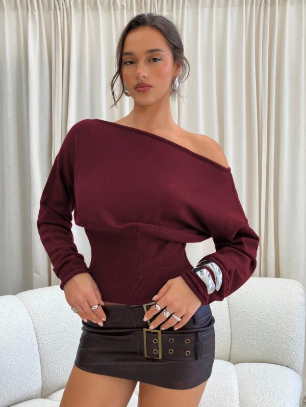 Asymmetrical Shoulder Ribbed Tight Fit Sweater
