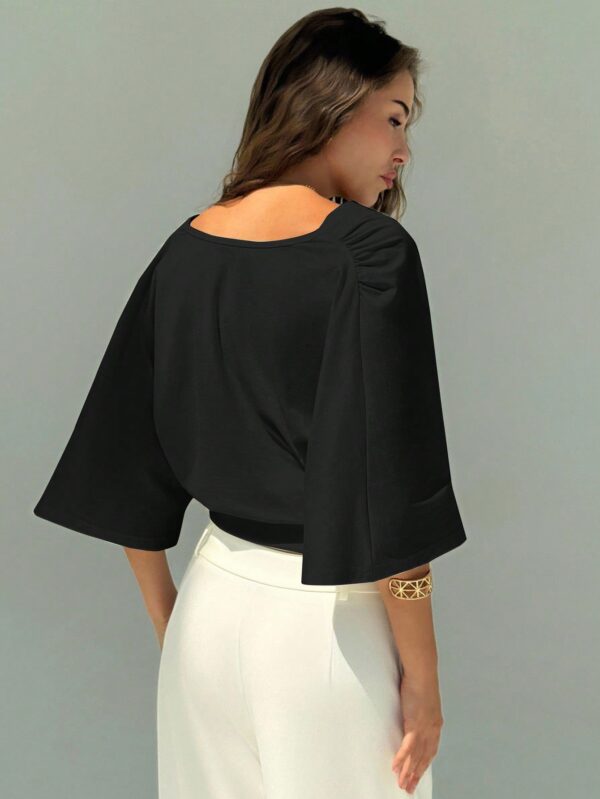 V-Neck Dropped Shoulder Ruched Waist Top