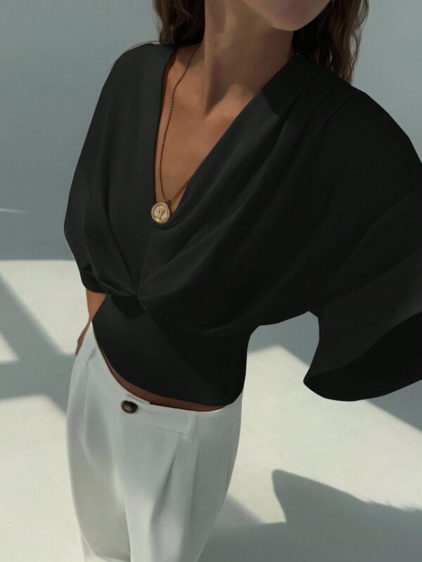 V-Neck Dropped Shoulder Ruched Waist Top