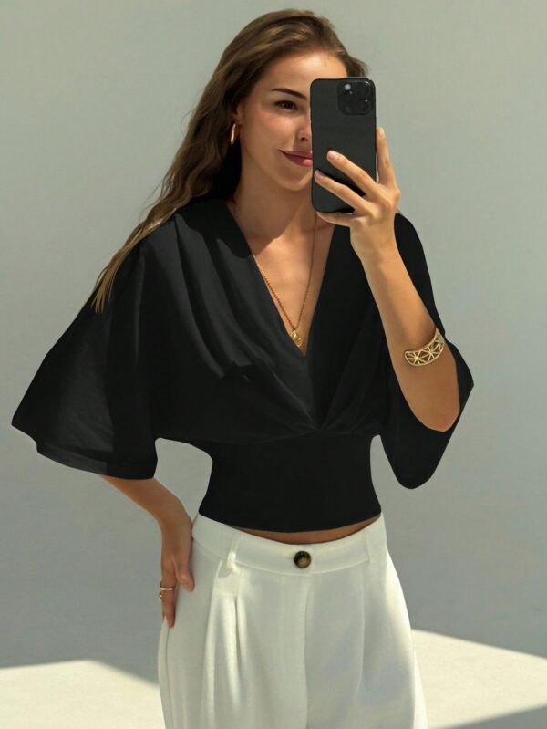 V-Neck Dropped Shoulder Ruched Waist Top