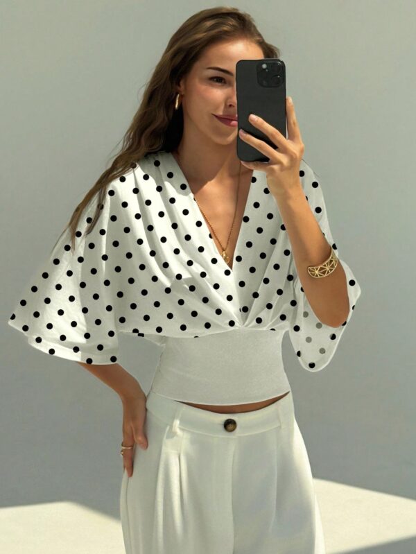 V-Neck Dropped Shoulder Ruched Waist Top