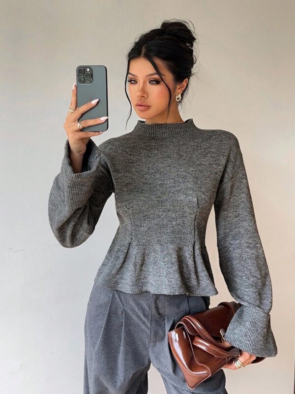 Grey Stand Collar Cinched Waist A-Line Sweater
