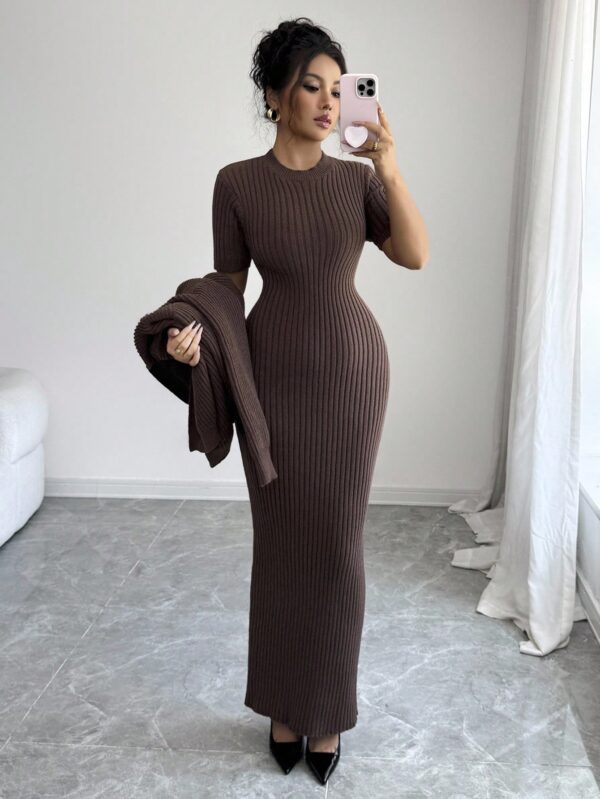 Round Neck Ribbed Maxi Dress With Cardigan Sweater Set