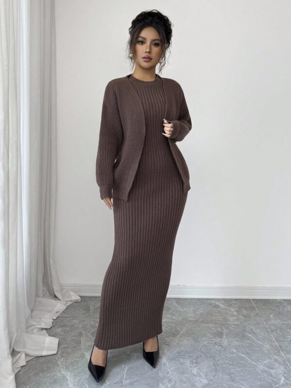 Round Neck Ribbed Maxi Dress With Cardigan Sweater Set