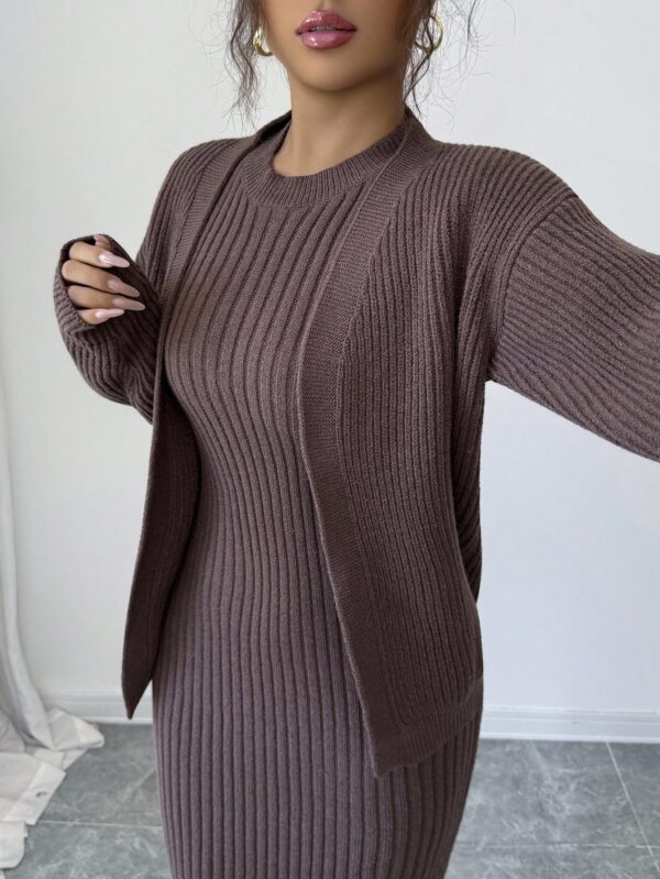 Round Neck Ribbed Maxi Dress With Cardigan Sweater Set