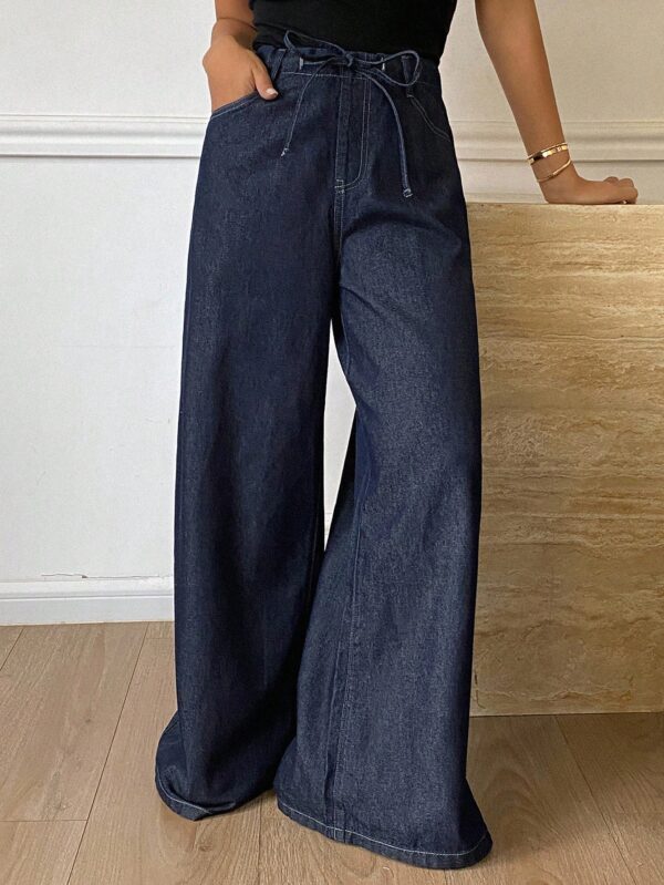 Tie Waist Pocket Wide Leg Loose Casual Jeans