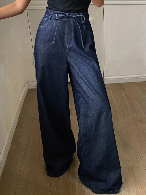 Tie Waist Pocket Wide Leg Loose Casual Jeans