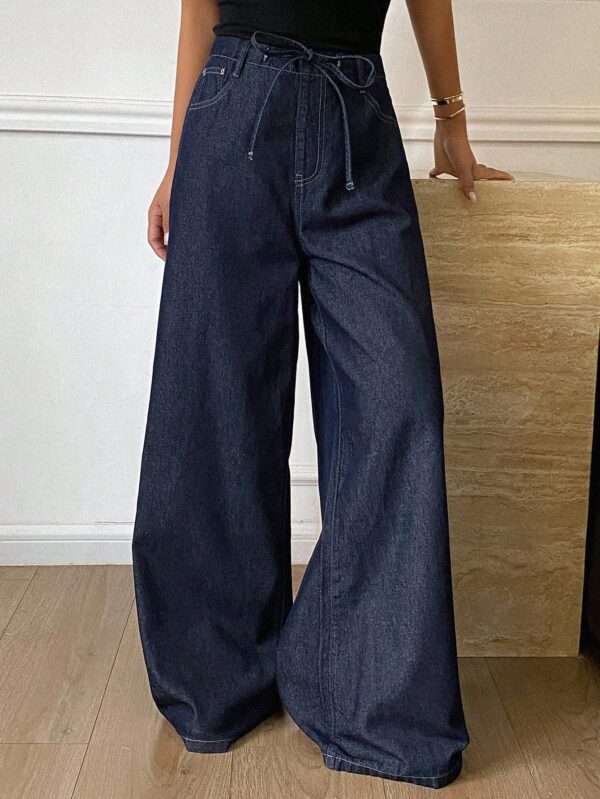 Tie Waist Pocket Wide Leg Loose Casual Jeans