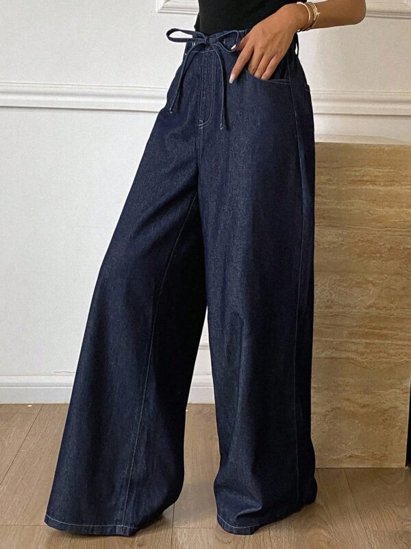 Tie Waist Pocket Wide Leg Loose Casual Jeans