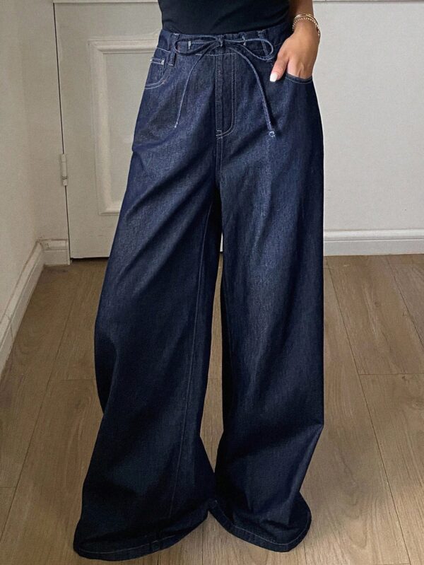 Tie Waist Pocket Wide Leg Loose Casual Jeans