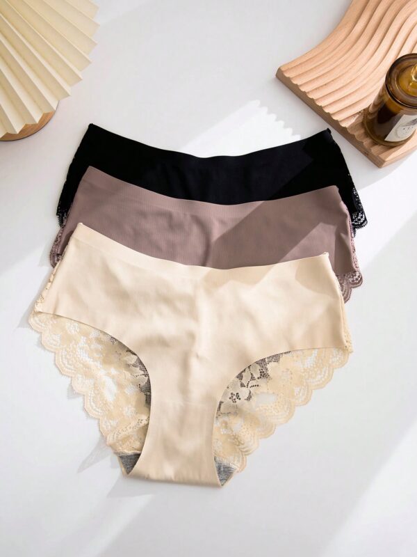 3pcs Contrast Lace Scallop Trim Brief