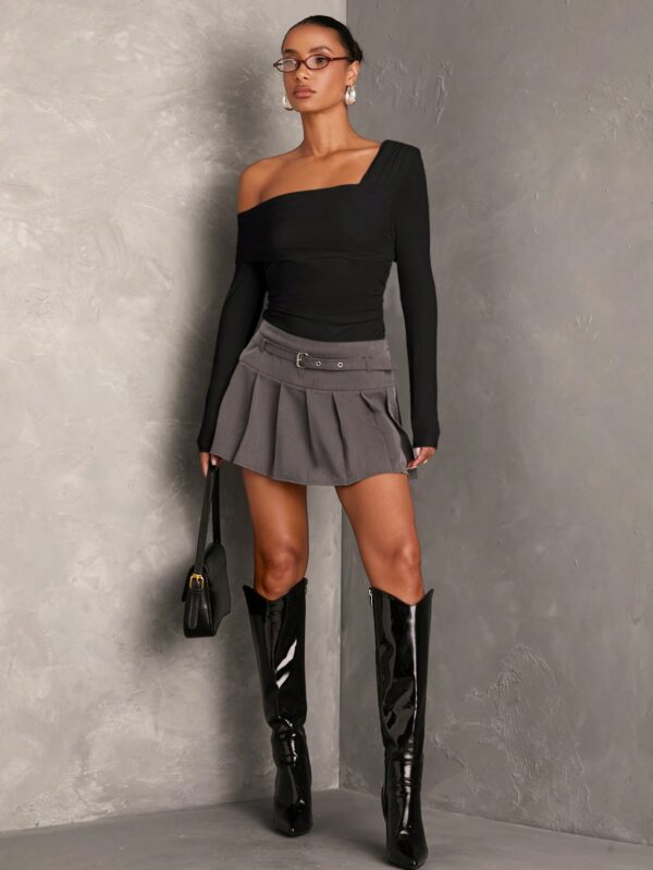 Solid Asymmetric Neck Gathered Long Sleeve Bodysuit